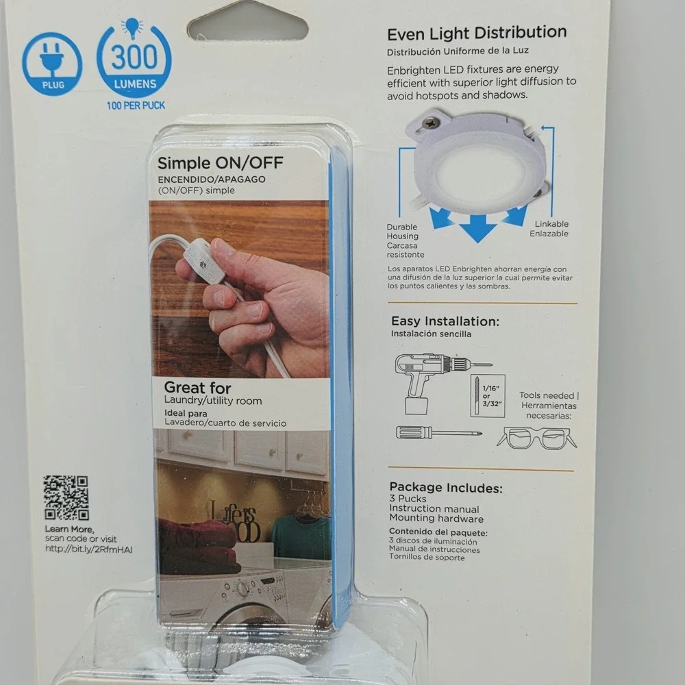 NEW Enbrighten Puck Lights 3-pack Plug In White LED Lights #44410 *READ
